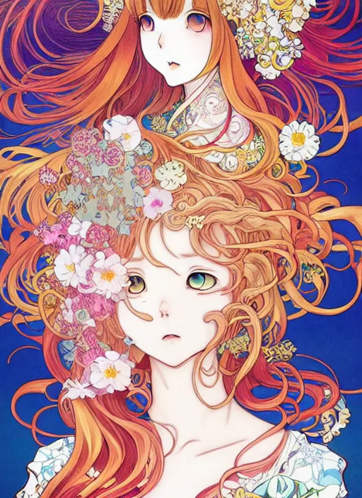 Image similar to exquisite imaginative manga poster art of cat girl, long wavy hair, flowers, rococo dress, pearlescent, shimmering, by kojima ayami, shigenori soejima, takeshi obata, alphonse mucha, jump comics, shogakukan, art nouveau, illustration, artstation, highly detailed, 8 k, colorful, maximalist