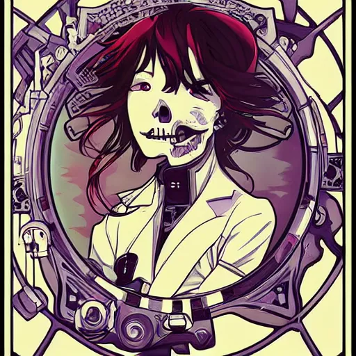 Image similar to anime manga skull portrait astronaut woman comic skeleton illustration James Jean style by Alphonse Mucha pop art nouveau