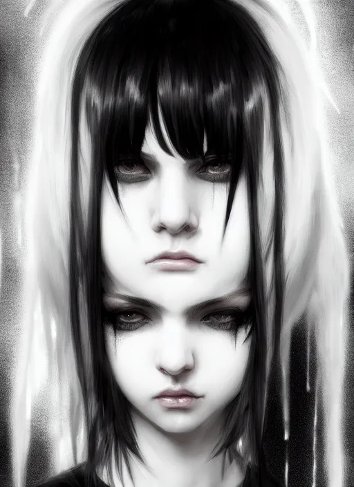 Image similar to portrait of white teenage girl, normal face, black bangs, mall goth, cyberlox, black and white hair, bangs, fluffy bangs, intricate, elegant, highly detailed, digital painting, artstation, concept art, sharp focus, smooth, illustration, art by wlop, mars ravelo and greg rutkowski