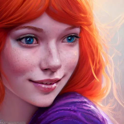 Prompt: close up portrait of a beautiful smiling girl with orange hair and freckles, happy intricate, elegant. highly detailed, digital painting, artstation, concept art, smooth, sharp, focus, illustration. background is purple, art by artgerm and Ross Tran