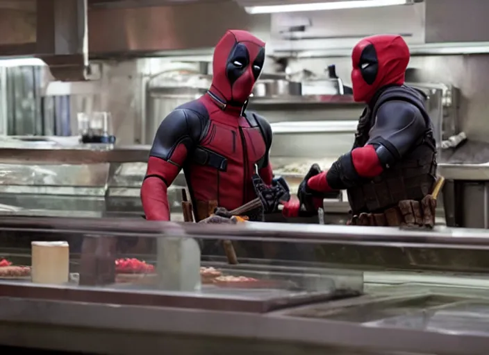 Image similar to film still of Deadpool working in a bakery in the new Deadpool movie, 4k