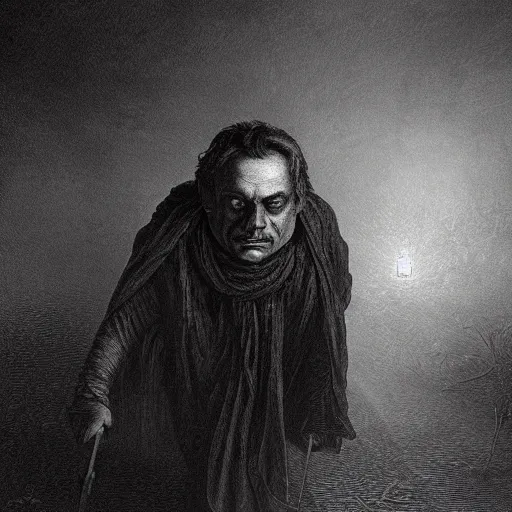 Image similar to viktor orban, creepy atmosphere, dark, portrait, realistic, very realistic, illustration by Gustave Doré