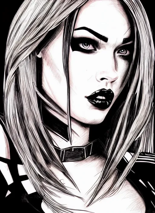 Image similar to concpet art, full shot, traditional ink, sketch, of megan fox as harley quinn, line sketch, intricate, elegant, highly detailed, monochrome, digital painting, artstation, concept art, blue, black, red ink sharp focus, illustration, art by borderlands 3 and peter polach