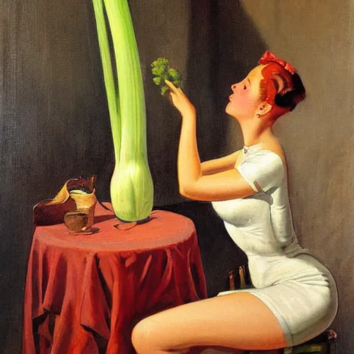 Prompt: A very beautiful painting of a leek sitting on the chair by Enoch Bolles and Gil Elvgren