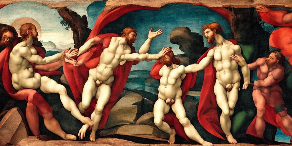 Prompt: The Creation Of Adam, painted by Michelangelo, 1512