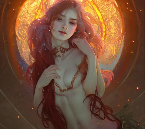 Image similar to beautiful ancient! frost witch, fire in eye, snow glow, pool party, highly detailed, digital painting, artstation, sharp focus, illustration, art by tan zi and ayanamikodon and alphonse mucha and wlop