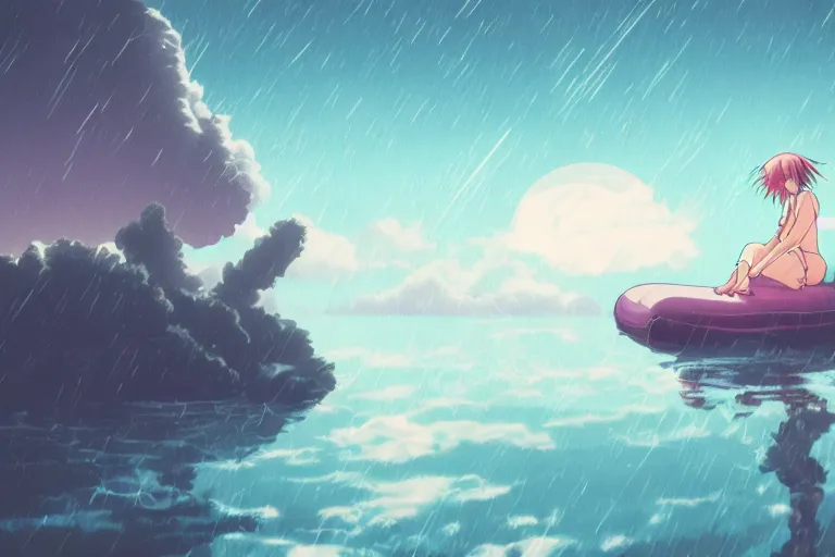 Prompt: anime woman sleeping on a raft, misty, night time, storm in distance, wide angle, by studio ghibli, anime, hazy, foggy, ambient lighting, 8 k, neon, synthwave,