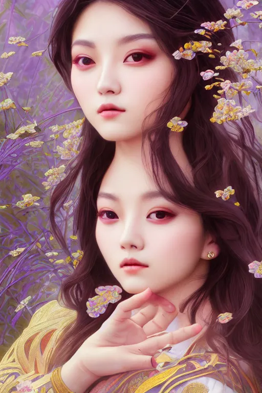 Image similar to beautiful and holy and divine young heroine portrait like twice tzuyu+happy+smoky eyes+front face with light flowing hai, ultradetail face, art and illustration by tian zi and WLOP and alphonse mucha, fantasy, intricate complexity, chinese, goddess, human structure, fantasy character concept, watermark, blurry, hyperrealism 8k