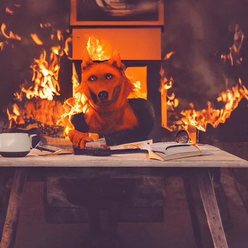 Image similar to a photograph of an orange humanlike dog in his house, sitting relaxed at a table, ☕ on the table, surrounded by flames and fire, smoke above him