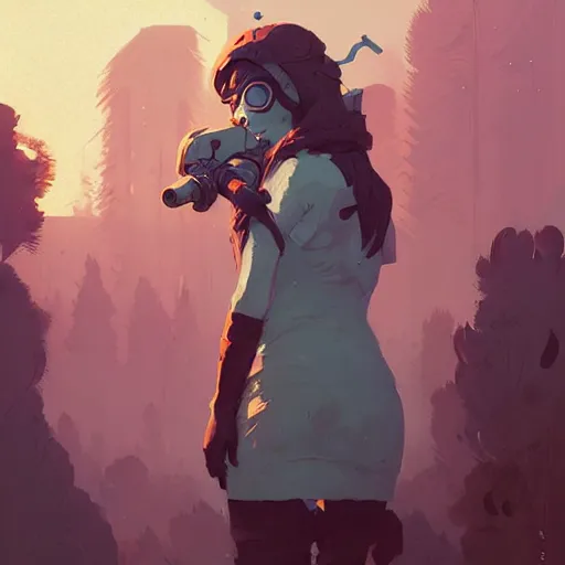 Image similar to portrait of the hunt goddess by atey ghailan, by greg rutkowski, by simon stalenhag, by greg tocchini, by james gilleard, by joe fenton, by kaethe butcher dynamic lighting, gradient light blue, brown, blonde cream and white color scheme, grunge aesthetic