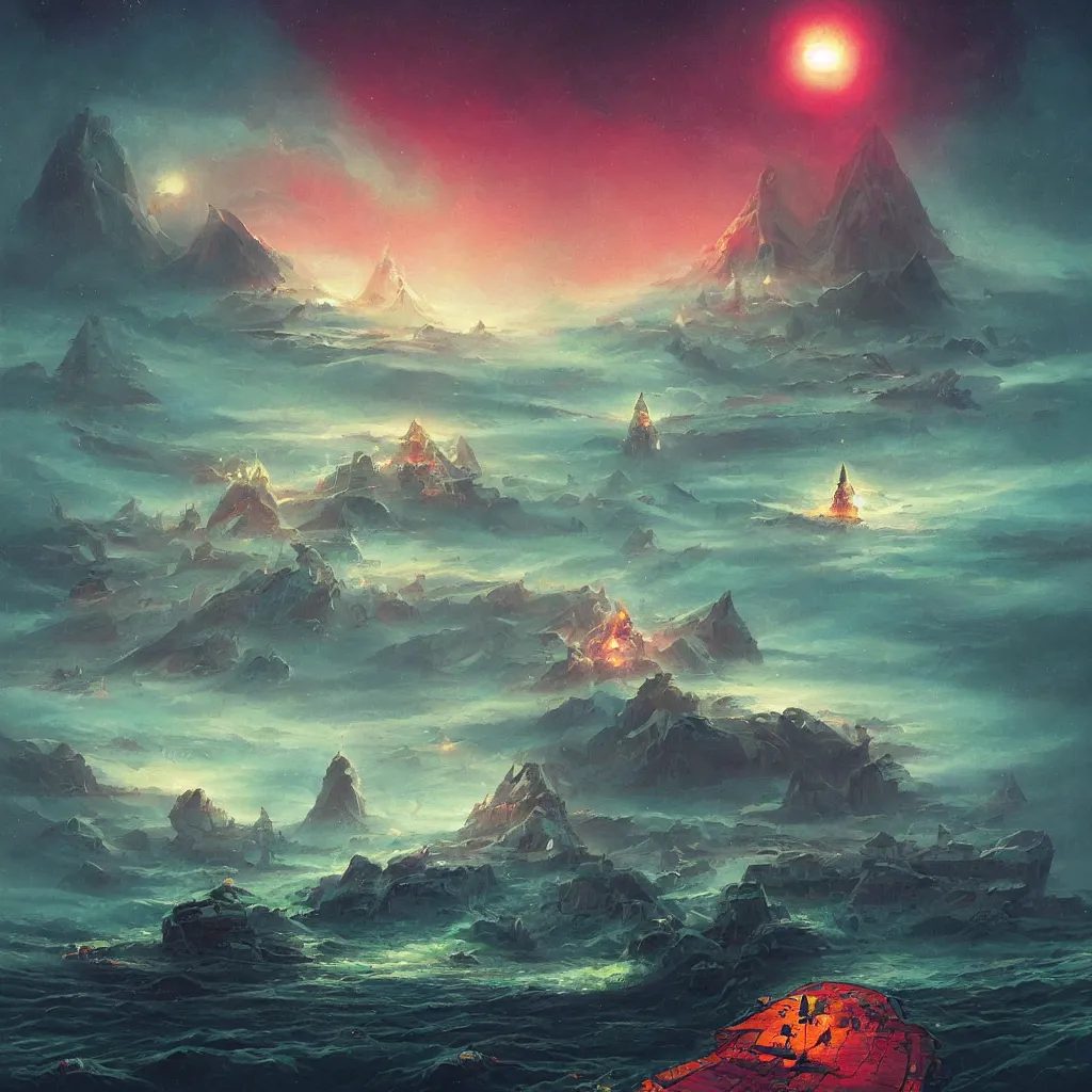 Prompt: A beautiful painting of a ((dark Pyramid)) at Sea In style of Paul Lehr and Daniel Oxford.highly realistic,hyper detailed,4k,digital art,sci-fi