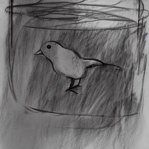 Image similar to an abstract rough charcoal sketch of a bird in a bird in a cage, black and white