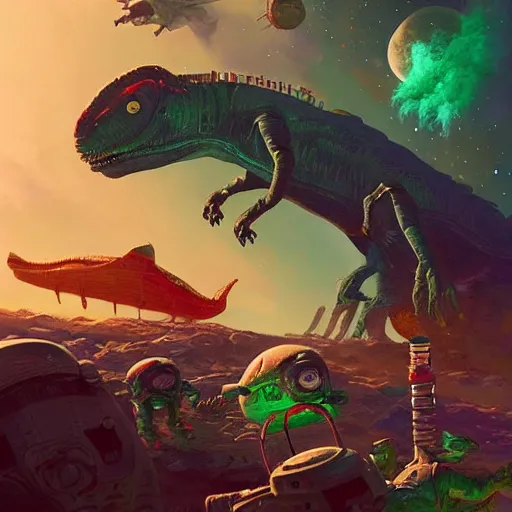 Prompt: Astronauts are having a party with green aliens and some dinosaurs on comet and a red dwarf as background, by Jordan Grimmer digital art, trending on Artstation,