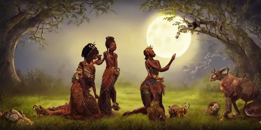 Image similar to african princess giving an offering to a heavenly being, at night, whimsical, full moon, moonlit, wildlife, mystical beasts, cinematic lighting, trending on artstation and cgsociety