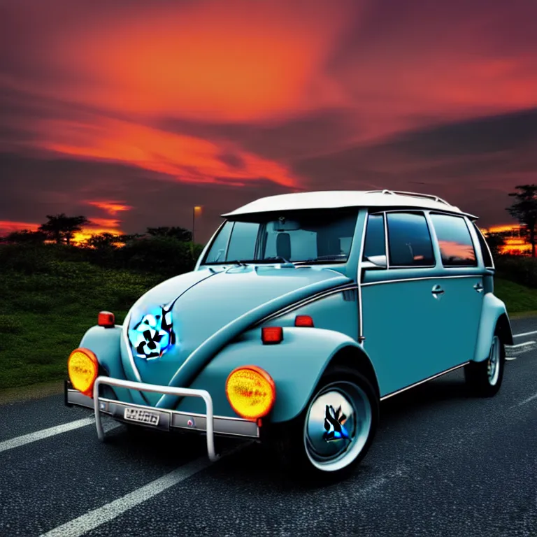 Image similar to close-up-photo VW beech buggy middle of street, sunset kanagawa prefecture, night, cinematic color, photorealistic, highly detailed,