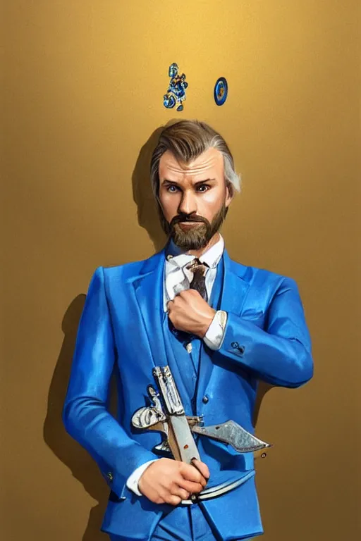 Image similar to a swedish man in a blue suit with a jeweled sword and a pistol, highly detailed, d & d, fantasy digital painting, trending on artstation, concept art, sharp focus, illustration, global illumination, ray tracing, realistic shaded, art by artgerm and greg rutkowski and fuji choko and viktoria gavrilenko and hoang lap