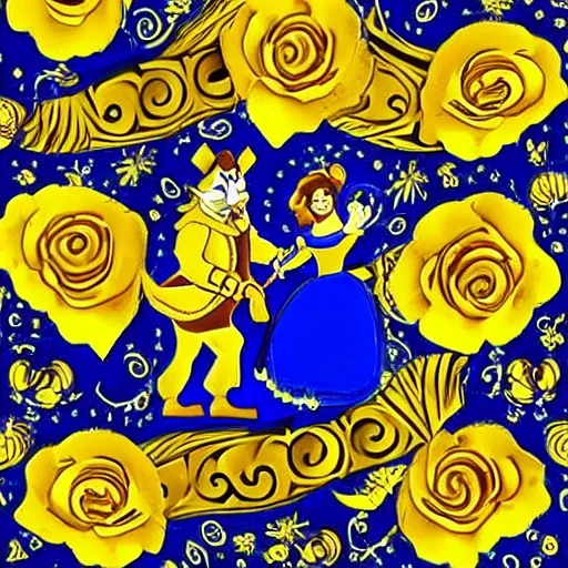 Prompt: belle and beast in blue and gold in the style of mexican folk art