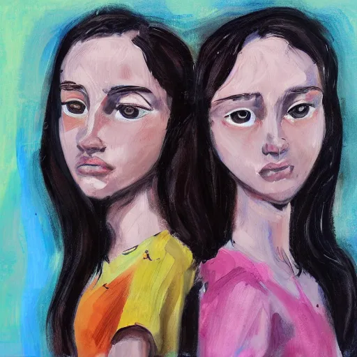 Prompt: a messy painting of Twin sisters. Trending on ArtStation