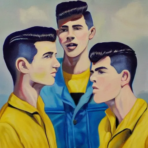 Image similar to a painting of three male teenagers with rockabilly haircuts holding yellow icw pops and looking at women in the streets high details