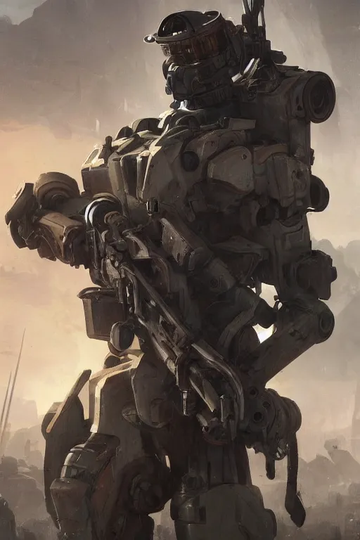 Image similar to a mech soldier holstering his rifle, full view, artstation, cinematic, concept art, 8k, cgsociety, hyper detailed, ultra realistic, illustration, epic, high resolution, post processing, high quality, unreal engine, digital art, very coherent, octane render, art by Yi Yang artstation + StTheo + Alan Van Ryzin,