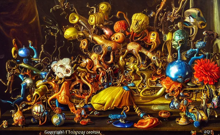 Prompt: disturbing colorful oil painting dutch golden age vanitas still life deep perspective with bizarre recursive humanoid faces strange beautiful flowers metal objects shiny gooey surfaces shiny metal bizarre insects rachel ruysch dali todd schorr very detailed perfect composition rule of thirds masterpiece canon 5 0 mm, cinematic lighting, chiaroscuro