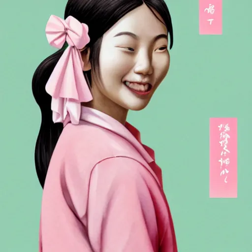 Prompt: portrait of asian girl with muji shirt, round face, black hair, ponytails, skinny, smile, attractive, small chin, wearing pink hair bow, earrings, with a japanese print background, intricate, elegant, glowing lights, highly detailed, digital painting, artstation, sharp focus, illustration, art by wlop, mars ravelo and greg rutkowski