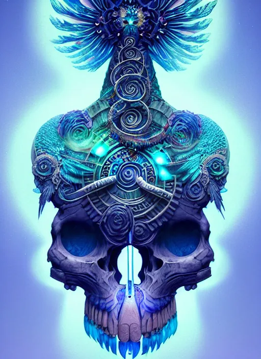 Image similar to 3 d shaman with tattoos profile portrait, sigma 5 0 0 mm f / 5. beautiful intricate highly detailed quetzalcoatl skull and feathers. bioluminescent, plasma, frost, water, wind, creature, gradient background, thunderstorm! artwork by tooth wu and wlop and beeple and greg rutkowski, 8 k trending on artstation,