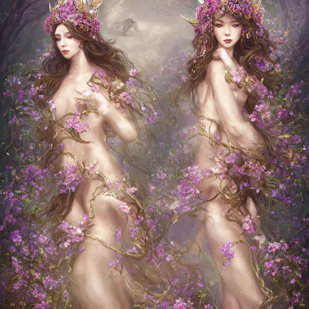 Prompt: A beautiful fantasy empress, highly detailed full body, just one head, flower tiara, long hair, wearing dramatic aristocrat robe, delicate figure, field of fantasy flowers, foxes and deer, epic composition, ultra wide-shot, dynamic pose, concept art, dramatic lighting, digital painting, smooth, character design, ((sharp focus)), elegant, intricate, artstation, by WLOP and James Jean and Victo Ngai