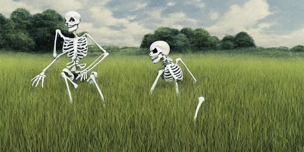 Prompt: A white skeleton sitting in the thick green grass of summer, by Yoshitaka Amano