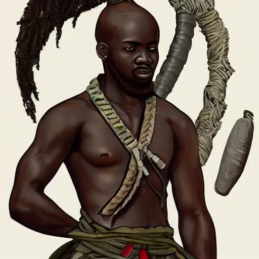 Image similar to stunning character design of a Nigerian warrior, highly detailed digital art