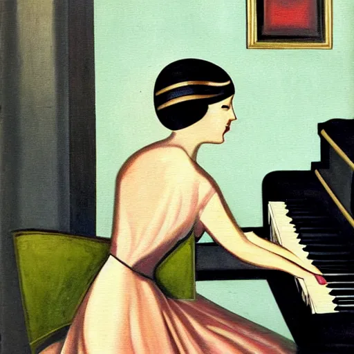 Prompt: woman playing the piano, art deco painting