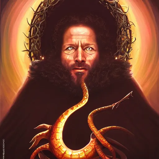 Image similar to a detailed fantasy character painting of Klaus Schwab holding a black glowing snake, devil horns, dressed like Jesus Christ, by lauri blank, artgerm, evelyn de morgan, 8K, 50mm lens