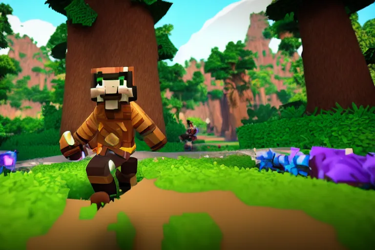 Image similar to Hytale Gameplay, Kweebec running through a forest, depth of field shot