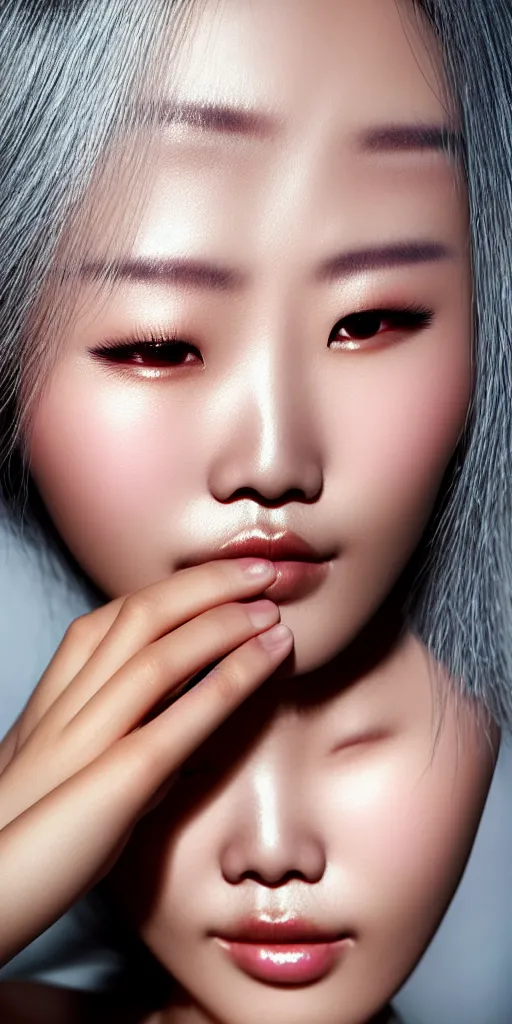 Image similar to hypperrealistic close-up of beautiful chinese woman with silver hair and shimmery gold skin alberto mielgo