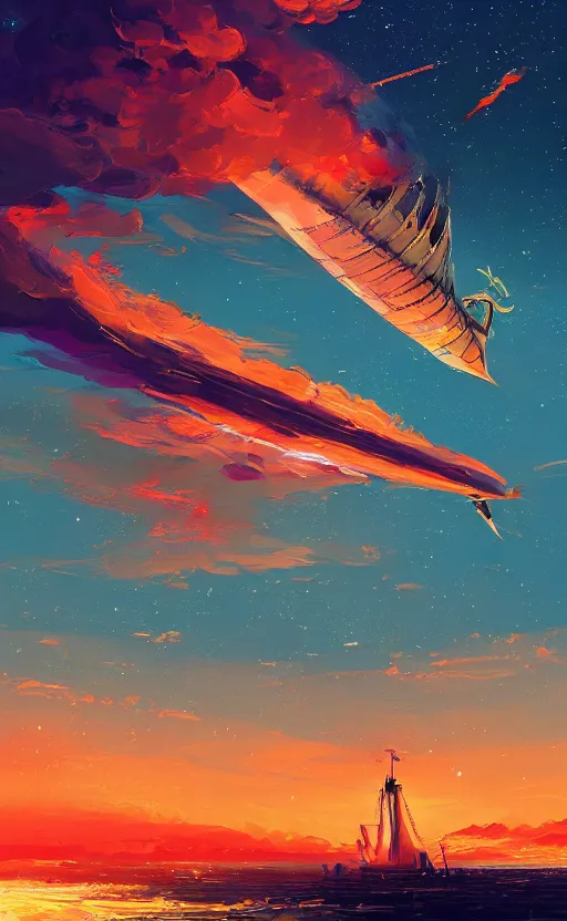 Image similar to a beautiful illustration of an airship burning in the sky at night, art of alena aenami, featured on artstation, vertical orientation, paint brush strokes, expressionism, brushstroke - laden, breathtaking clouds, birds, ocean, beautiful stars, long exposure, big moon radius, airy midnight theme, blue purple gradient, lens flare, flames and ember