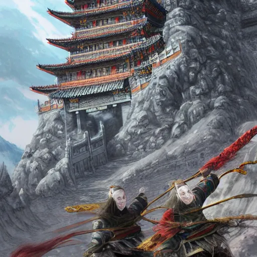 Image similar to dynamic composition, motion, ultra-detailed, incredibly detailed, a lot of details, amazing fine details and brush strokes, colorful and grayish palette, smooth, HD semirealistic anime CG concept art digital painting, watercolor oil painting of epic castle gate, from Three Kingdoms, by a Chinese artist at ArtStation, by Huang Guangjian, Fenghua Zhong, Ruan Jia, Xin Jin and Wei Chang. Realistic artwork of a Chinese videogame, gradients, gentle an harmonic grayish colors.