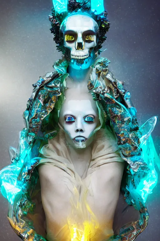 Image similar to photo of fullbody rococo and cyberpunk delicate neon crystalline sculpture of seductive muscular onyx albino marble prince joe jonas teal iridescent humanoid deity wearing yellow plastic hooded cloak holding an onyx skull in a onyx space dungeon, reclining, glowing yellow face, crown of white diamonds, cinematic lighting, photorealistic, octane render 8 k depth of field 3 d