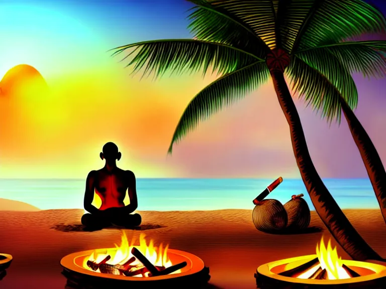 Image similar to gandhi sitting on a beach next to a campfire, holding a cigar, sunset, parrots, coconuts, palm trees, glorious lighting, epic environment, highly detailed, digital art, hyper realistic, beautiful, 8 k, trending on deviantart