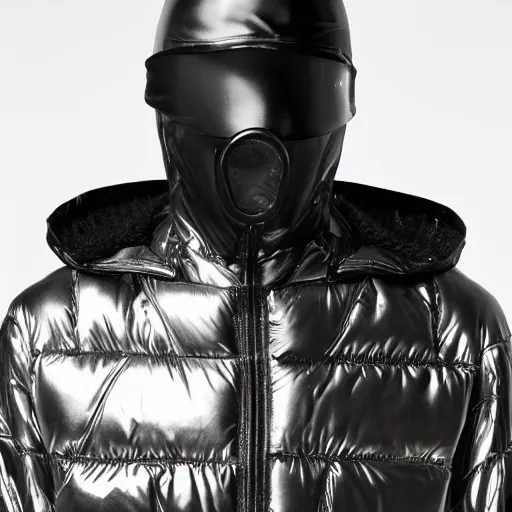 Image similar to wet plate photo, black man, silver metallic moncler jacket, dystopian metal mask,