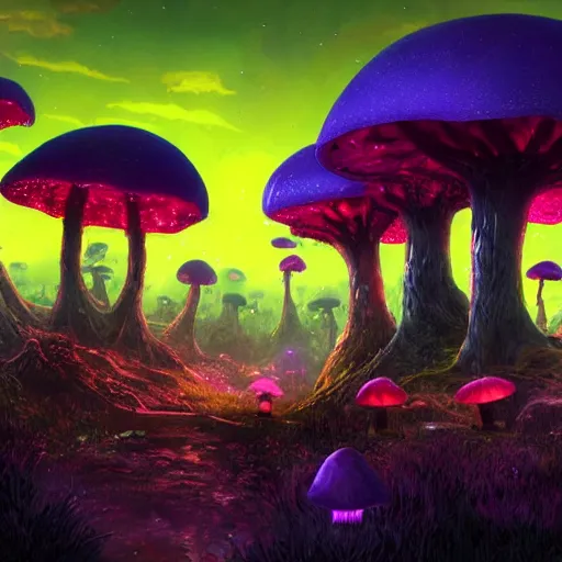 Prompt: concept art painting of a fantasy alien fungal landscape at night, magenta trees, glowing blue mushrooms, village of houses made of mushrooms, dark purple sky, realistic, detailed, cel shaded, in the style of makoto shinkai and greg rutkowski and albert bierstadt and james gurney