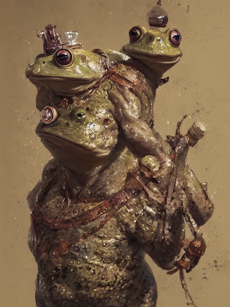 Image similar to Portrait of a medieval humanoid frog dressed in rich clothes and carrying magic trinkets, painted by Craig Mullins, trending on ArtStation