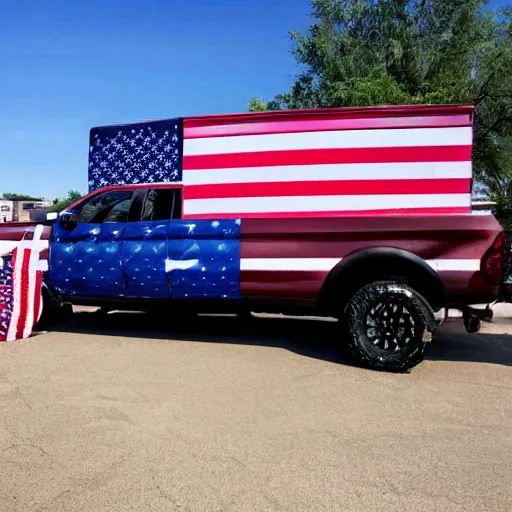 Image similar to photo of biden pickup truck with american flags, there are very attractive woman in the back of the truck by the tailgate in bikinis.