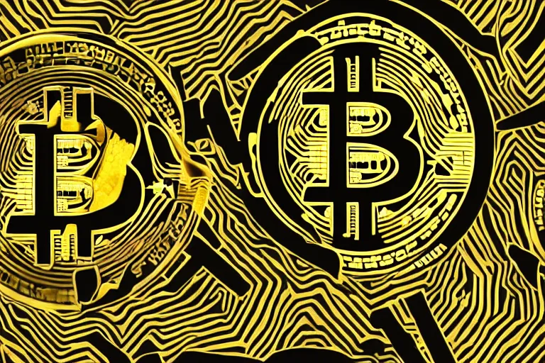 Prompt: a young dragon of black and gold, clouds, bitcoin patterned logo