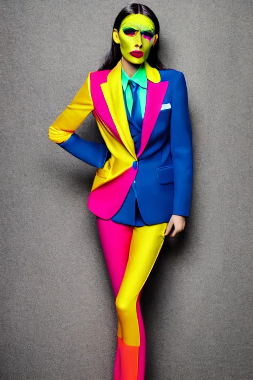 Image similar to realistic photoshooting for trouser suit for a rave, bright colors, vhs colour photography, fashion photography, vogue, smooth skin, perfect face, 8 0 mm lens, 1. 2 aperture, cinematic light, agency model img models