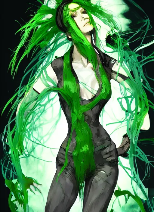 Prompt: Half body portrait of a beautiful dryad scientist with green hair and lab coat. In style of Yoji Shinkawa and Hyung-tae Kim, trending on ArtStation, dark fantasy, great composition, concept art, highly detailed.