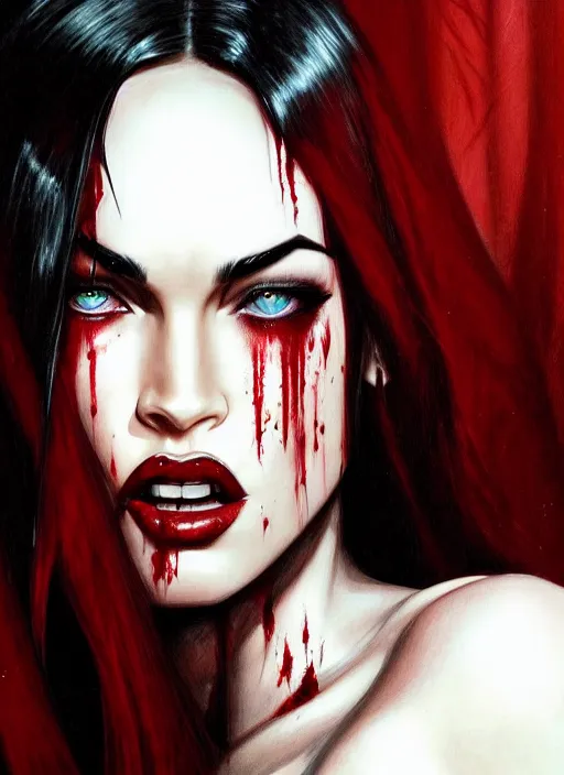 Image similar to portrait of megan fox as a evil vampire queen, bloody tears, jewelry, greek, dark, intricate, headshot, vampirism fangs, key visual, conceptart, ambient lighting, highly detailed, digital painting, artstation, concept art, sharp focus, by makoto shinkai and akihiko yoshida and greg manchess