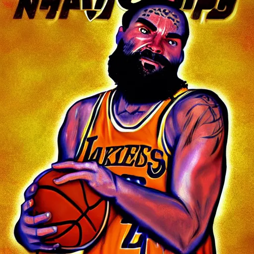 Image similar to nba 2 k video game cover art depicting charles manson shooting free throws, digital painting, digital art