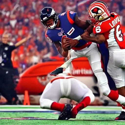 Prompt: Lamar Jackson winning a super bowl and punching Deshaun Watson in the face, hyperrealistic, photo