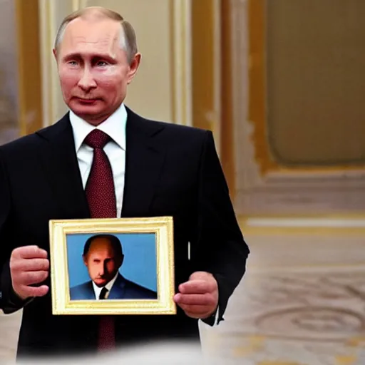 Image similar to putin is holding a picture of putin holding a portrait of putin