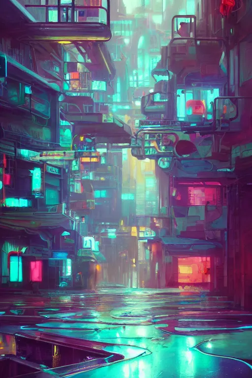 Image similar to water pouring neon signs, trending on artstation a surrealism painting by felix kelly depicting an abandoned city by tyler edlin and rhads, trending on deviantart artstation, behance cyberpunk city topography